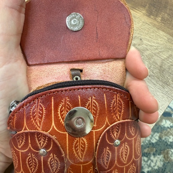 Handmade Embossed name AMY Genuine Leather Owl Coin Purse with Wrist Strap - Picture 5 of 6